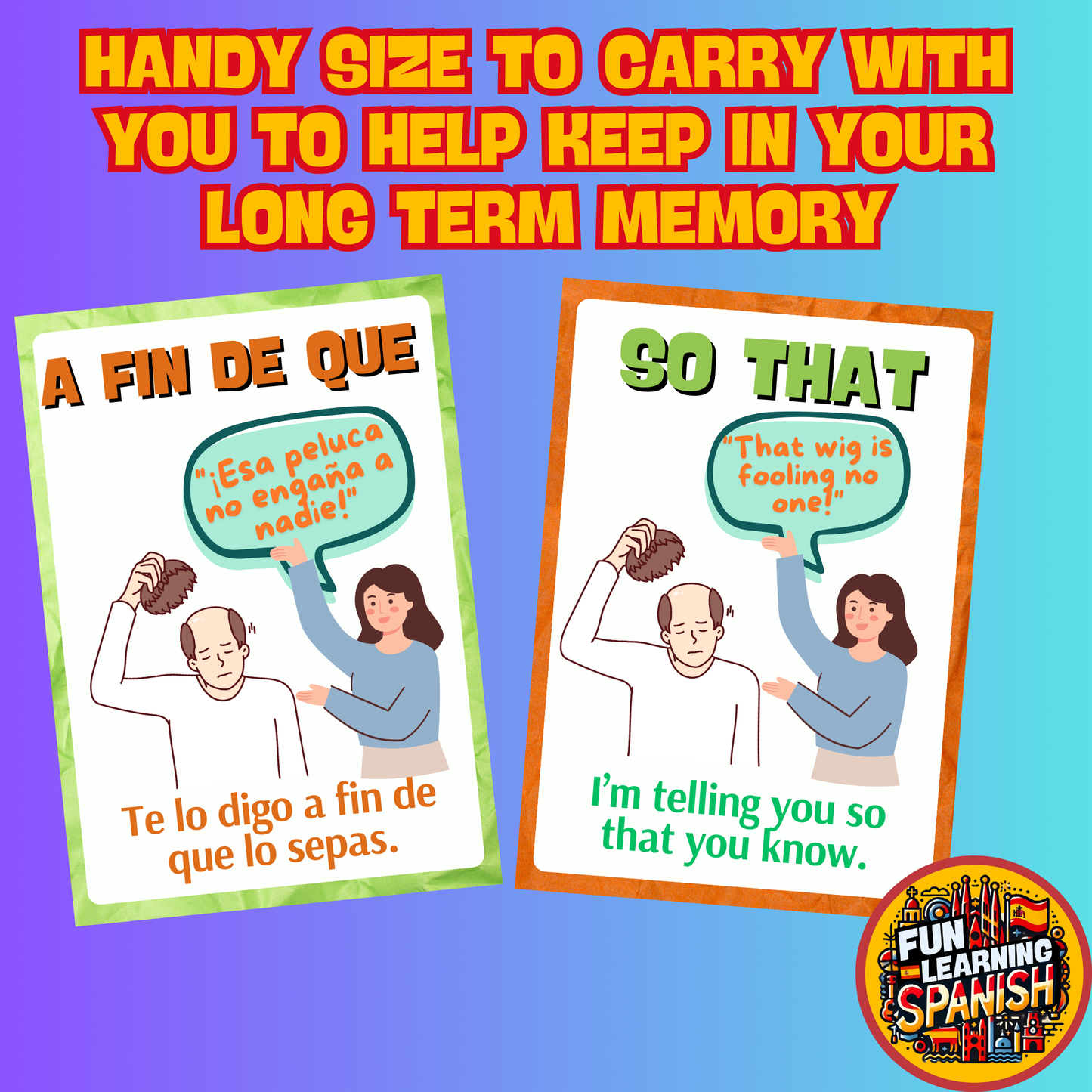 Funny Connections, Conjunctions + Linking Vocabulary Digital Flashcard Pack – 48 English & Spanish Picture Flashcards For Learning + Revision PDF Printable Revision Cards