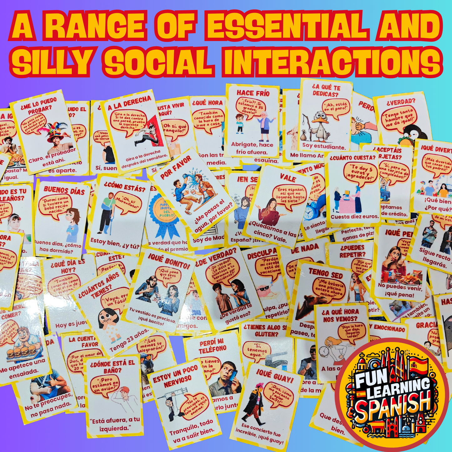 Social Interactions Spanish Laminated Flashcard Pack (64 Cards) Learn conversational Spanish! For Learning + Revision