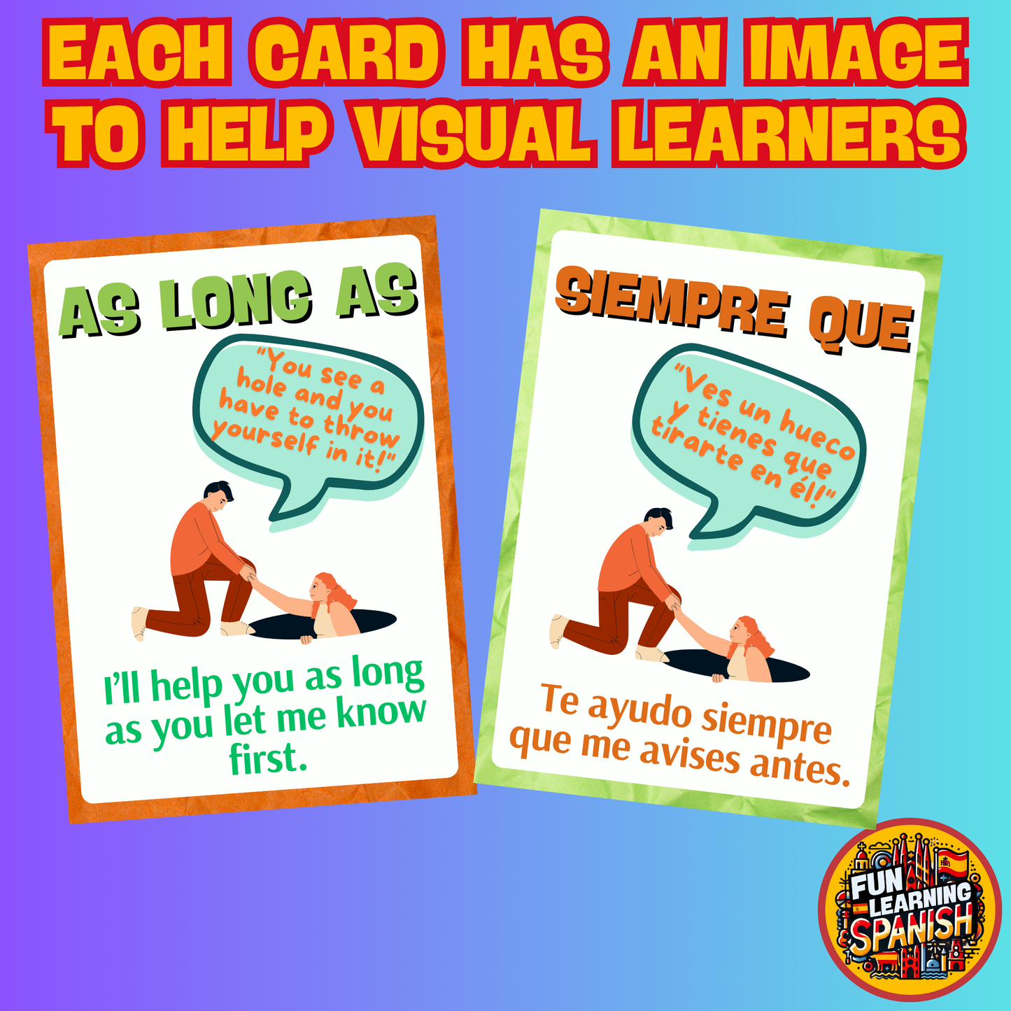 Funny Connections, Conjunctions + Linking Vocabulary Digital Flashcard Pack – 48 English & Spanish Picture Flashcards For Learning + Revision PDF Printable Revision Cards