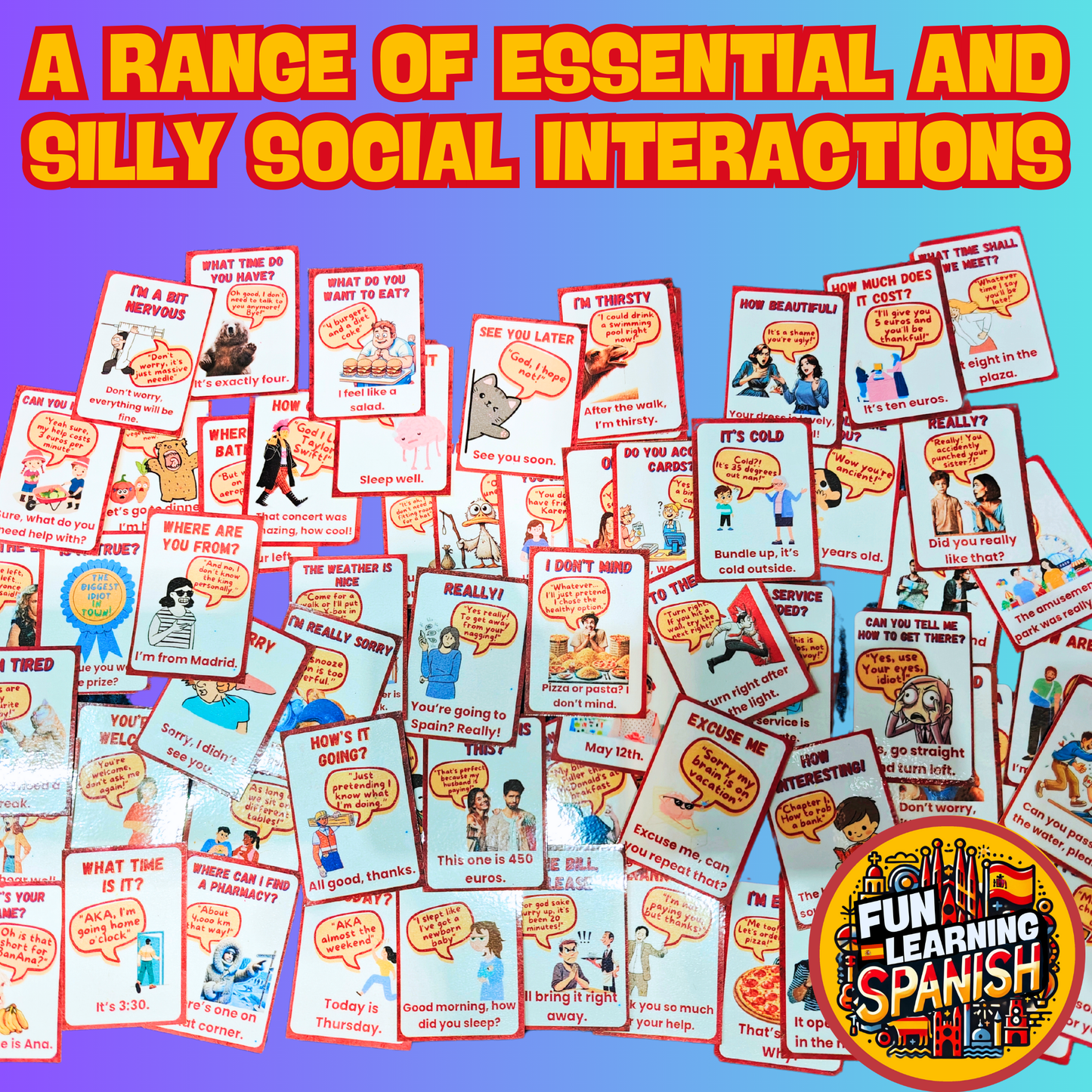 Social Interactions Spanish Laminated Flashcard Pack (64 Cards) Learn conversational Spanish! For Learning + Revision