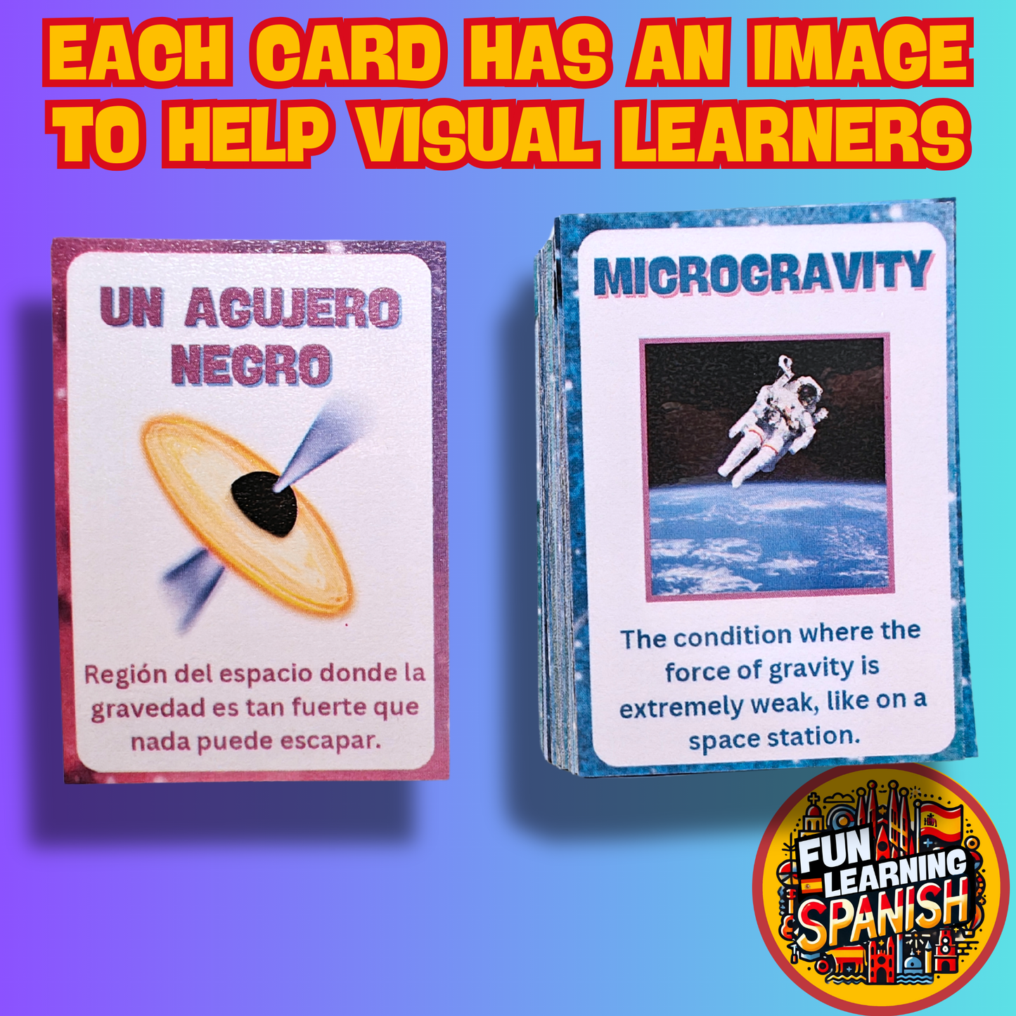 Space & Astronomy Vocabulary + Facts Flashcards Pack –  64 Spanish to English Laminated & Double Sided Learning Revision Cards