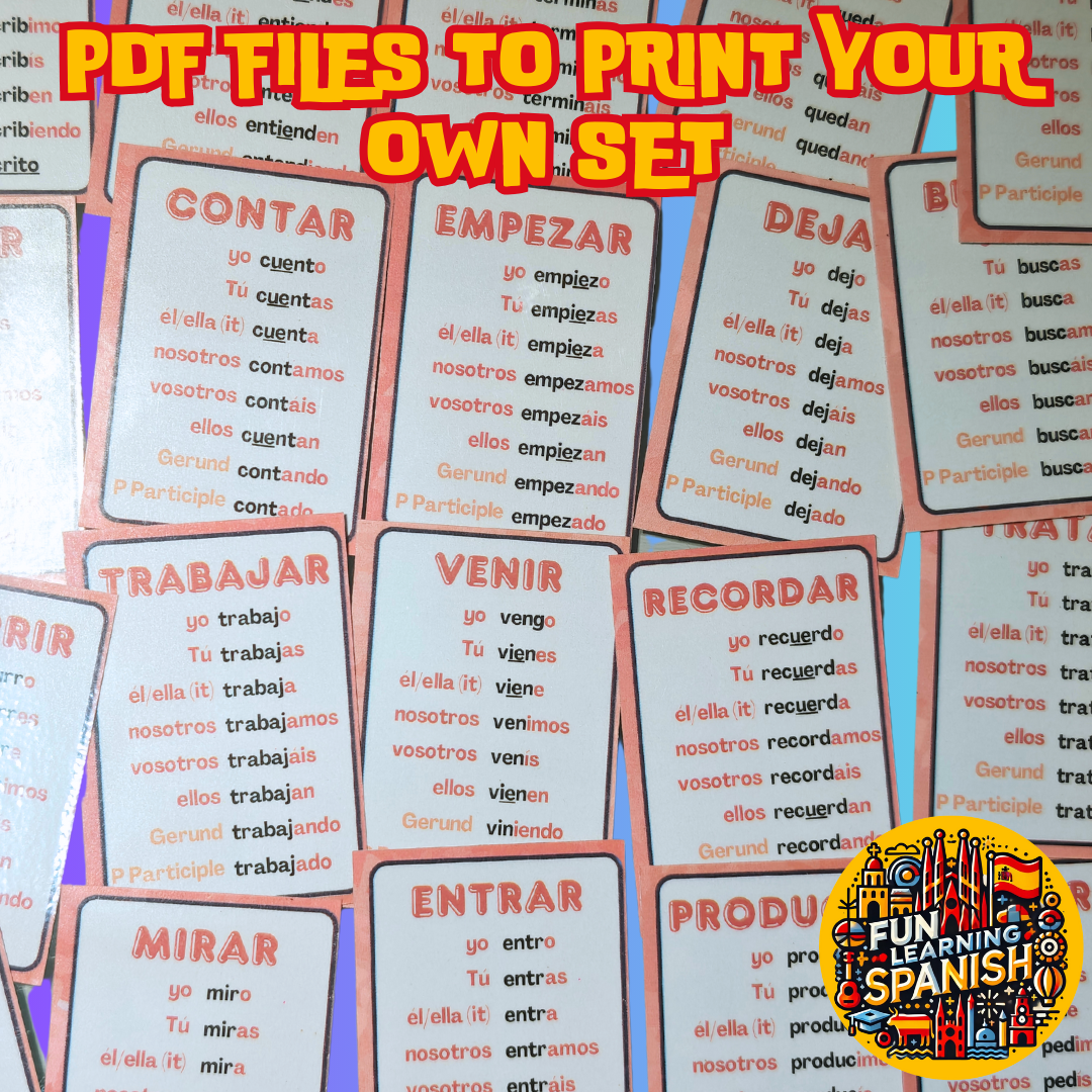 Top 48 Most Used Spanish Verbs, Memory Tricks & Conjugations: Printable Digital Flashcard Set