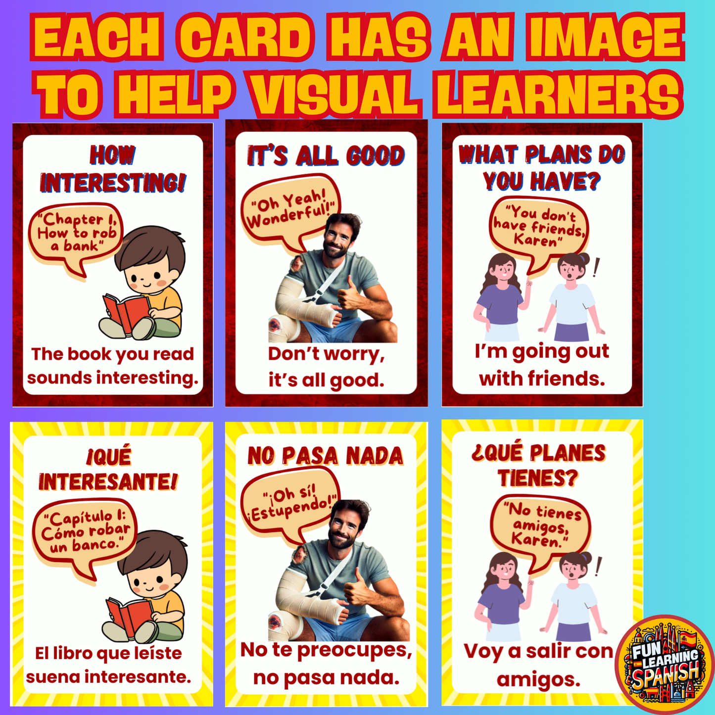 Social Interactions Spanish Laminated Flashcard Pack (64 Cards) Learn conversational Spanish! For Learning + Revision