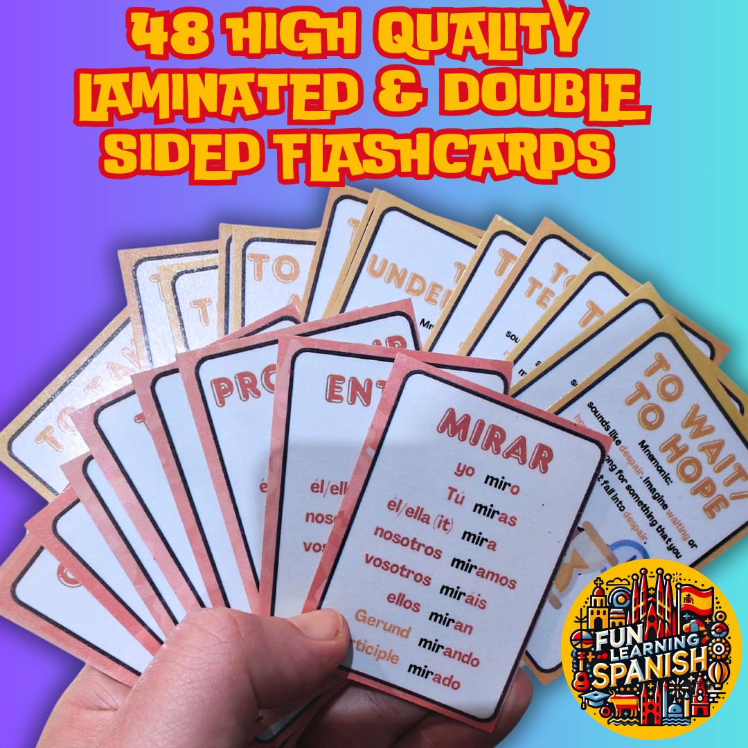 Top 48 Most Used Spanish Verbs, Memory Tricks & Conjugations: Double-Sided Laminated Flashcard Pack 📚✨