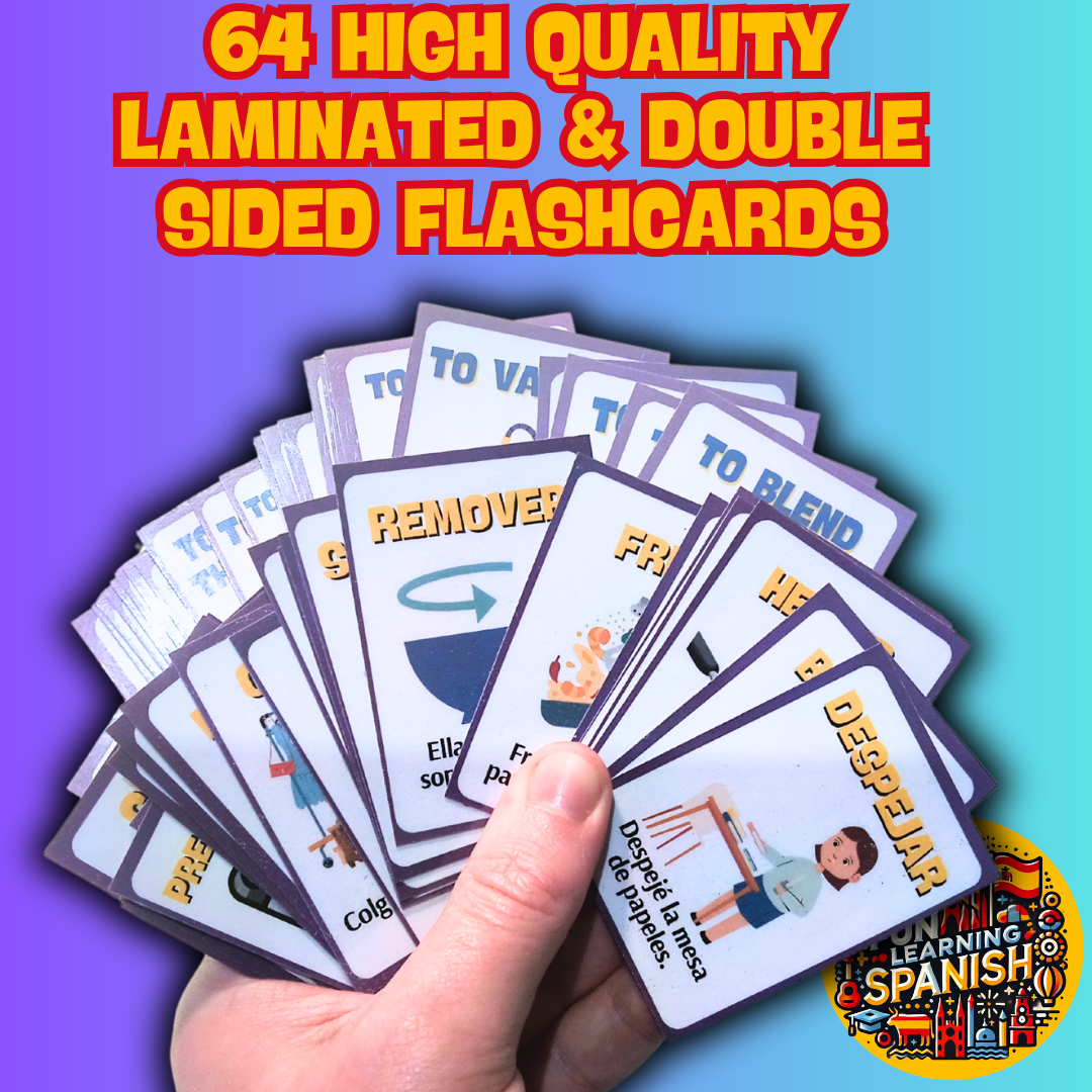 Essential Household Action Spanish Verbs Flashcards – 64 Laminated & Double Sided English & Spanish Revision Cards In The Home