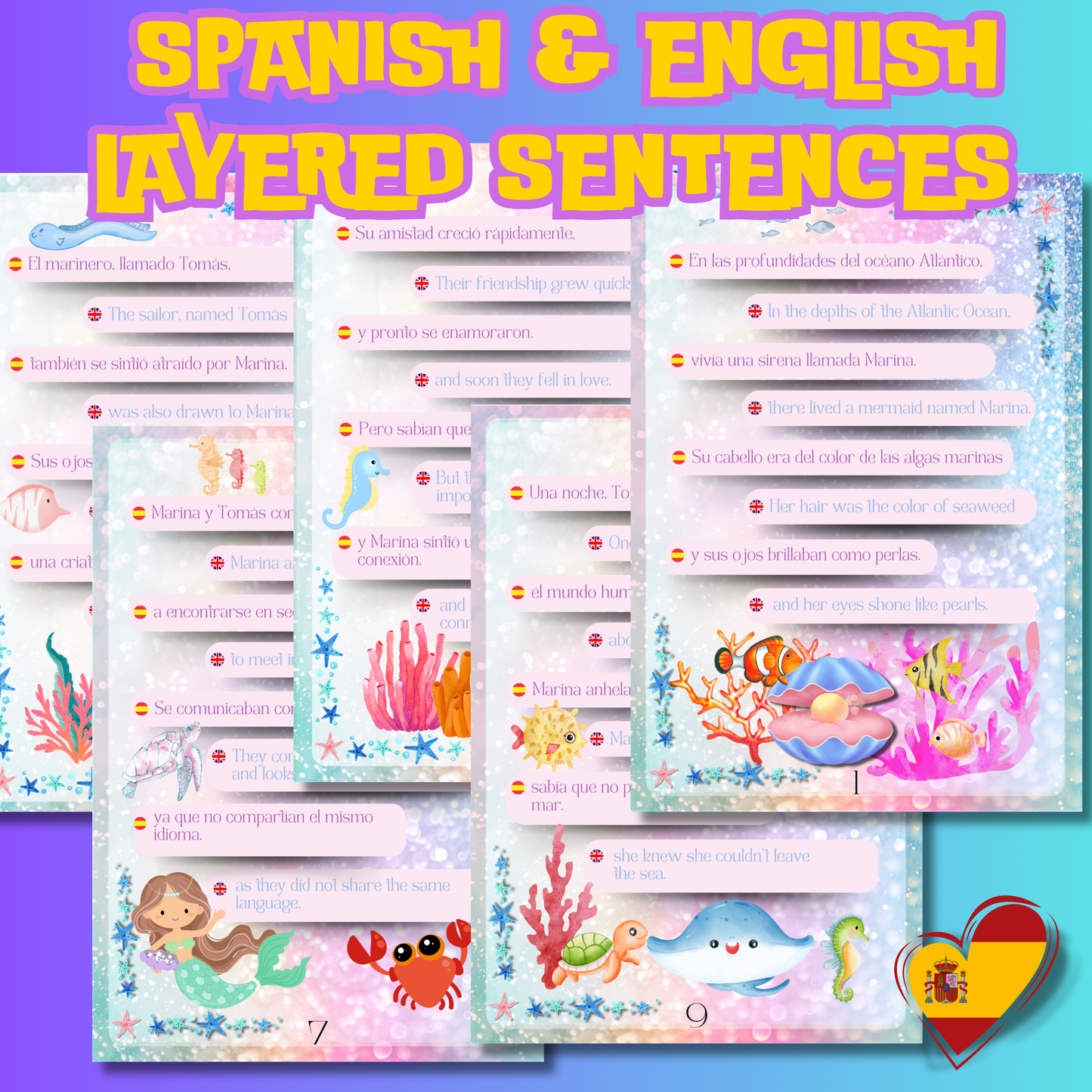 (Digital Download) Learn Spanish with a Bilingual Mermaid Book: A Spanish-English Educational Storybook for Children or Beginners with Activities