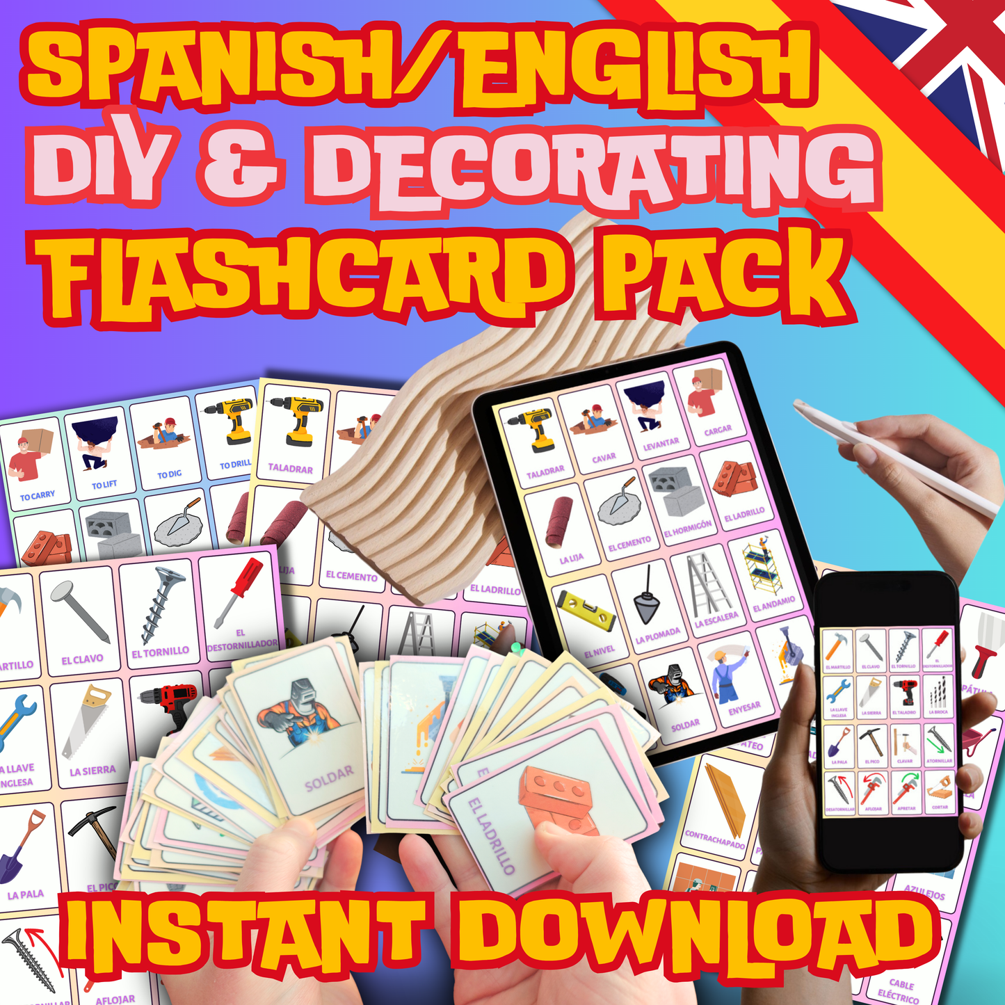 (Digital Download) Printable DIY & Decorating Spanish English Flashcard Vocabulary Pack 48 High Quality Picture Flashcards