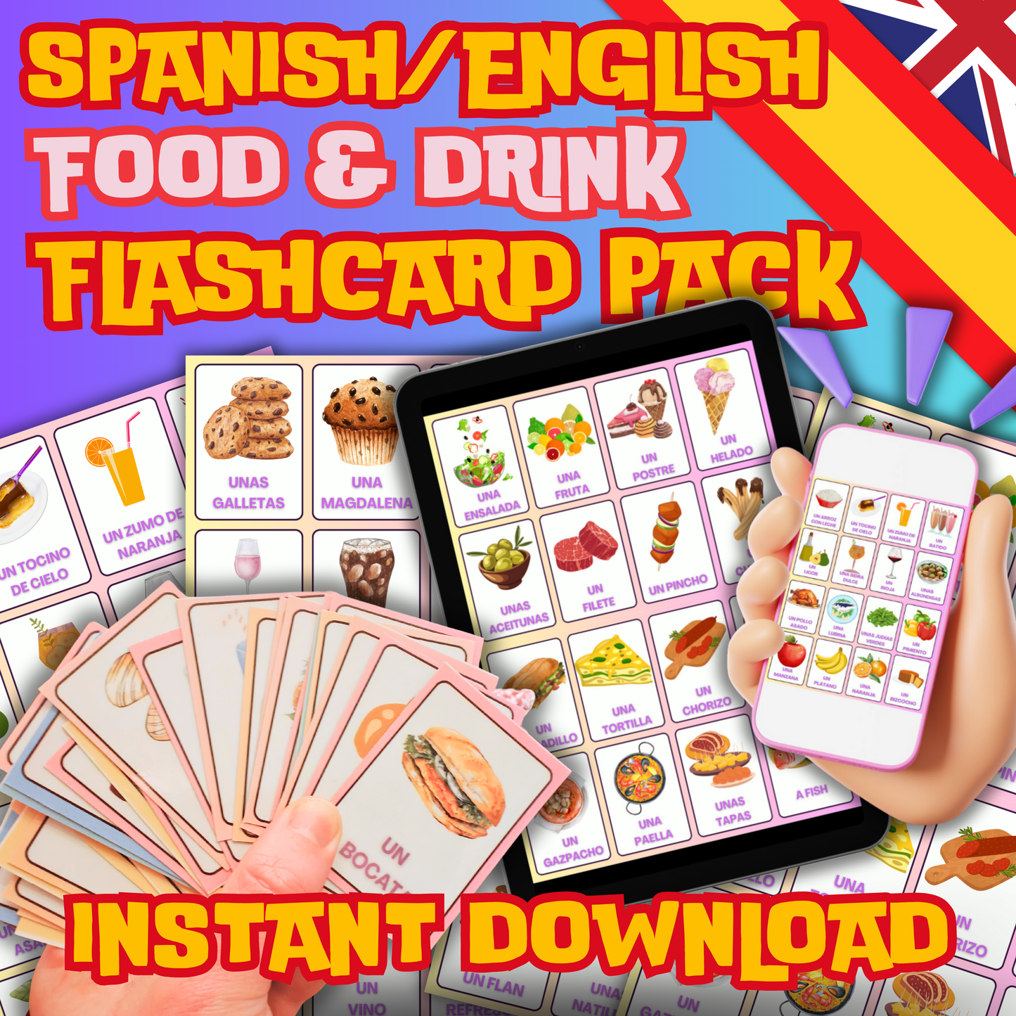 (Digital Download) Food & Drink Spanish Flashcards 80 Pack: Printer Ready Master Culinary Vocabulary Bundle ¡Buen Provecho!