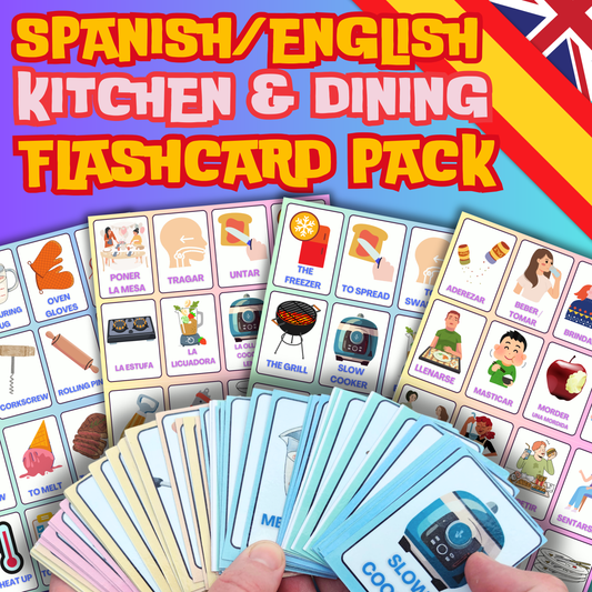 Kitchen & Dining Spanish-English Flashcards Pack - 48 Laminated & Double Sided Vocabulary Bundle