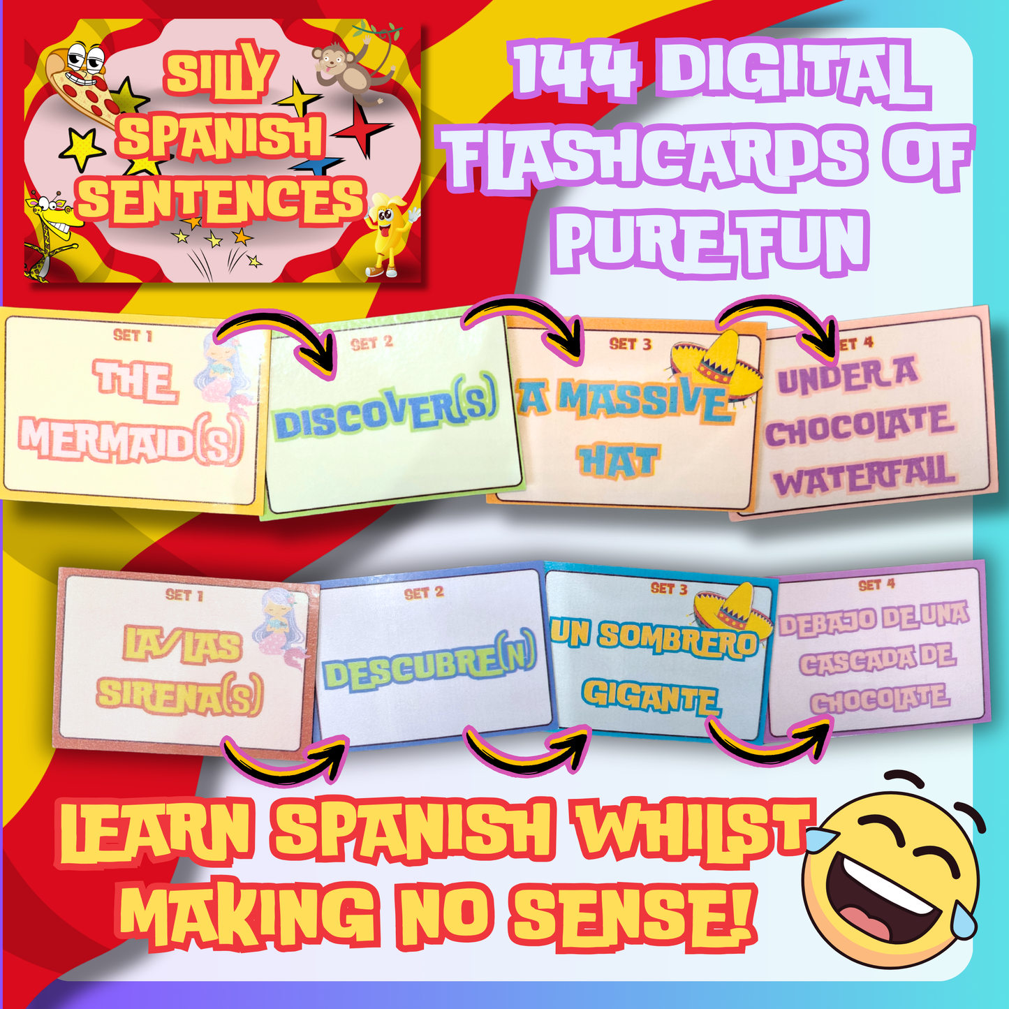 Silly Sentences in Spanish Game: Learn Spanish The Stupid Way, 144 Laminated Flashcards - Millions of Combinations for Fun Language Learning