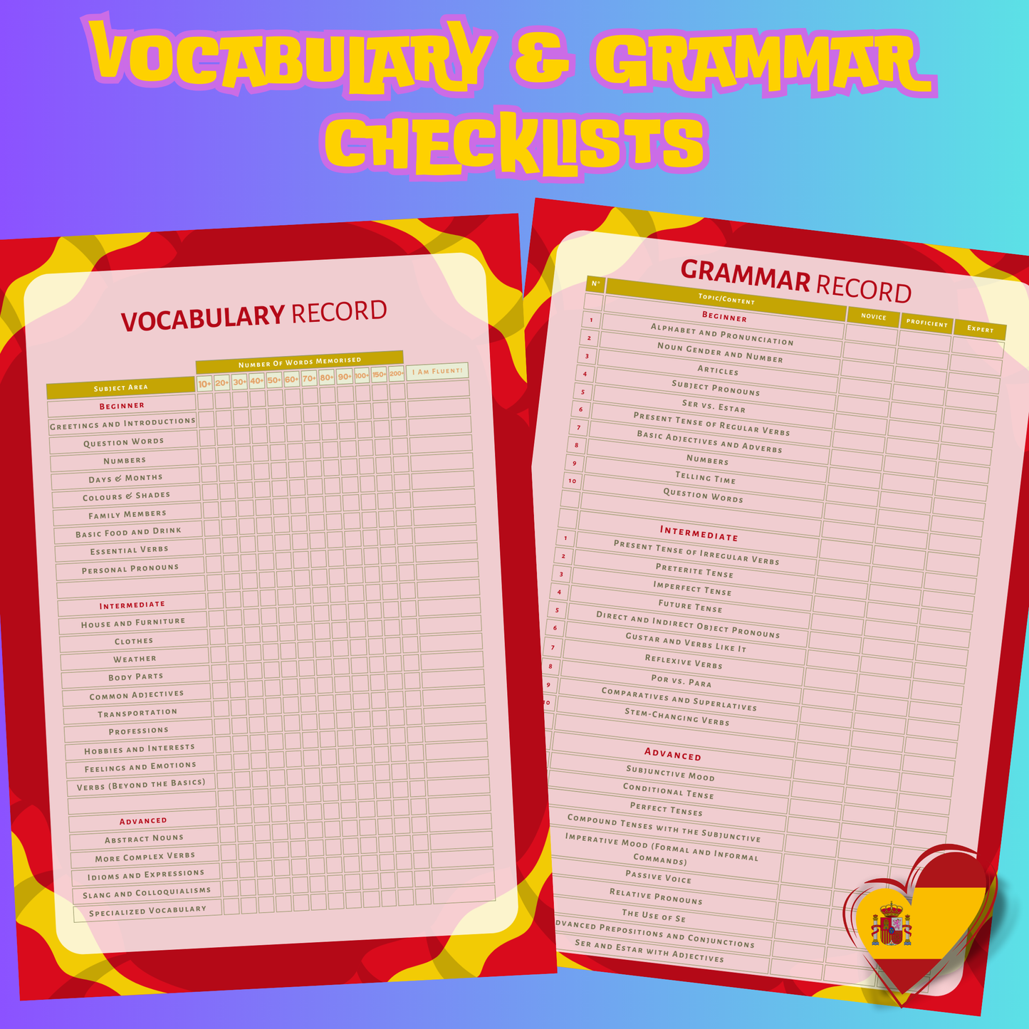 (Digital Download) Spanish Mastery Checklists: Vocabulary & Grammar Essentials + Bonus Note Pages Spanish Language Learning Bundle Printable