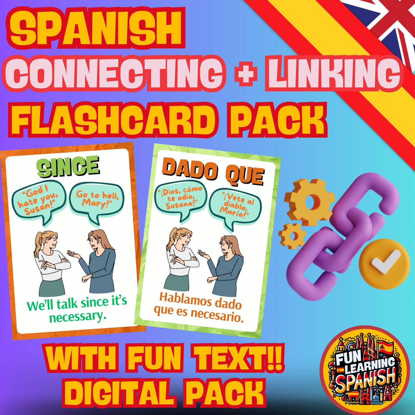 Funny Connections, Conjunctions + Linking Vocabulary Digital Flashcard Pack – 48 English & Spanish Picture Flashcards For Learning + Revision PDF Printable Revision Cards