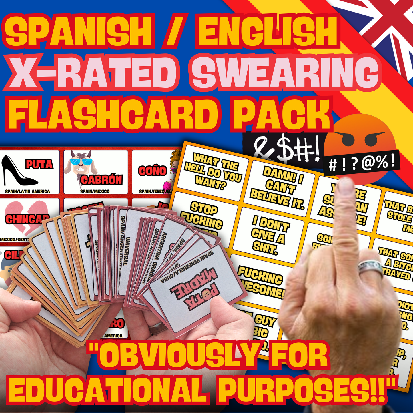 🔥 X-Rated Spanish Flashcards – 48 Double-Sided Explicit Swear / Curse Words & Sentences Cards for Fun, Fluent Learning! 🎉