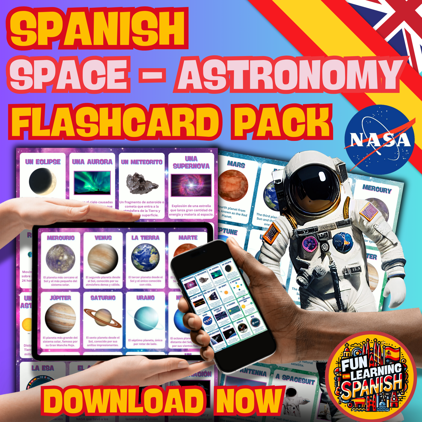 Instant Download Space & Astronomy Vocabulary + Terms Flashcards Pack  – 64 Spanish to English PDF Printable Revision Cards