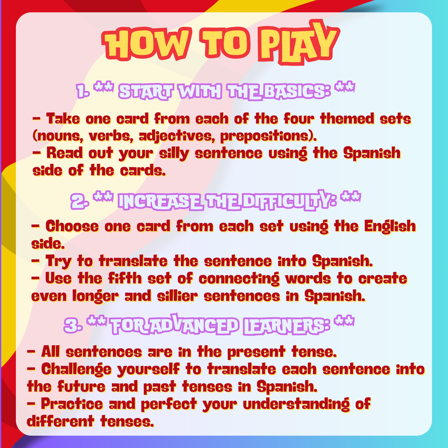 Silly Sentences in Spanish Game: Learn Spanish The Stupid Way, 144 Laminated Flashcards - Millions of Combinations for Fun Language Learning