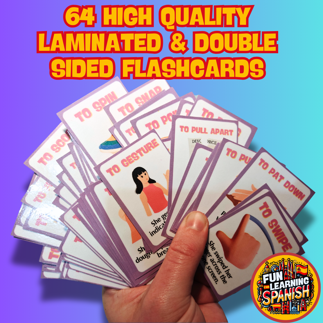 Essential Hand Action Spanish Verbs Flashcards Pack– 64 Laminated & Double Sided English & Spanish Revision Cards