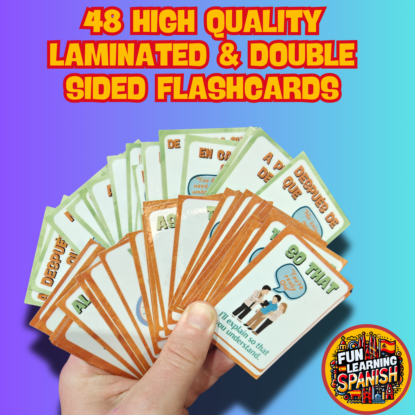 Funny Connection, Conjunctions + Linking Vocabulary Laminated Flashcard Pack – 48 English & Spanish Double Sided Picture Flashcards For Learning + Revision