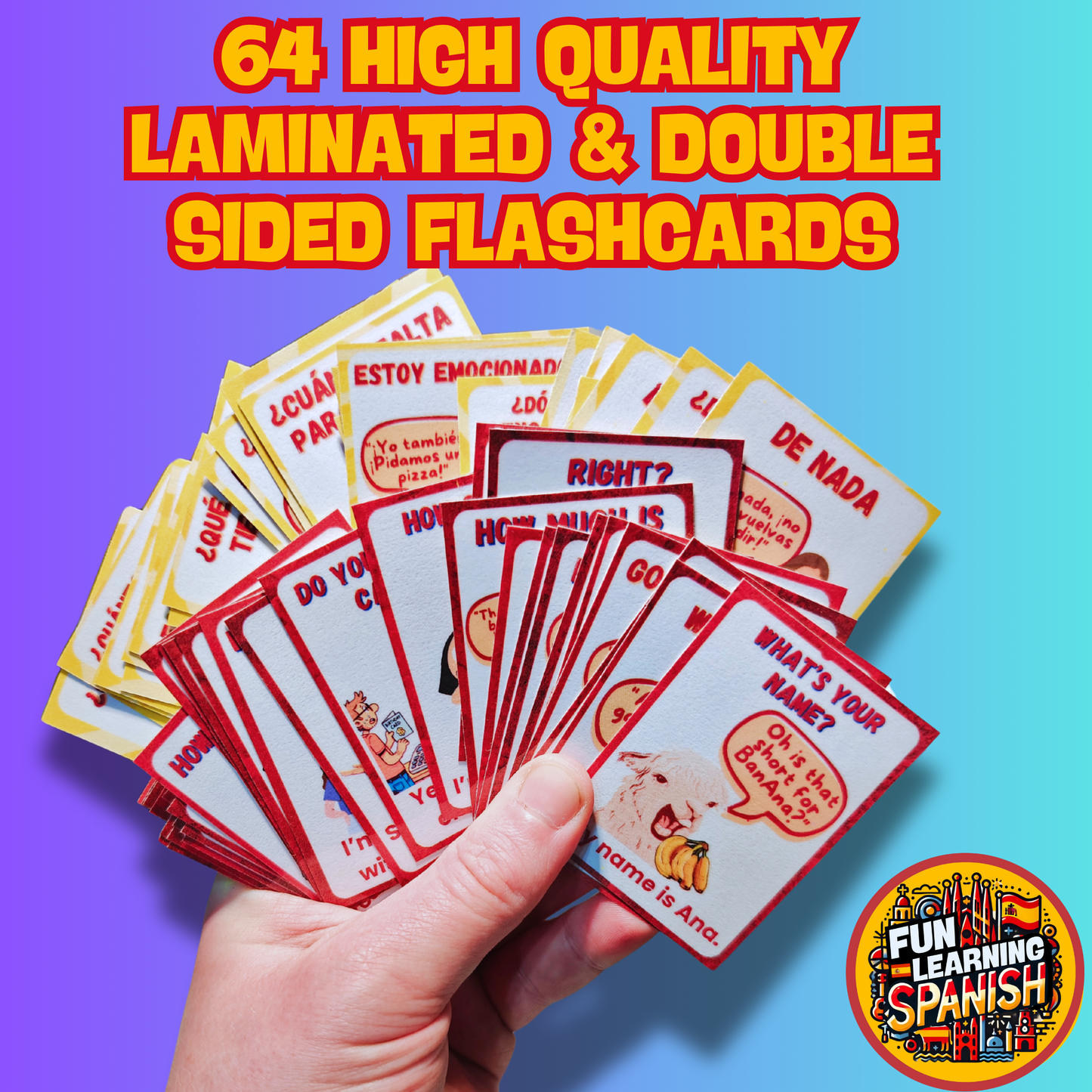 Social Interactions Spanish Laminated Flashcard Pack (64 Cards) Learn conversational Spanish! For Learning + Revision