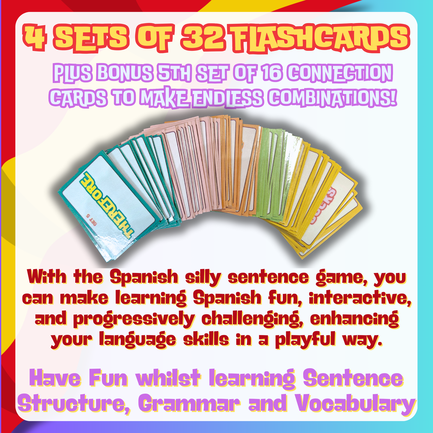 Silly Sentences in Spanish Game: Learn Spanish The Stupid Way, 144 Laminated Flashcards - Millions of Combinations for Fun Language Learning