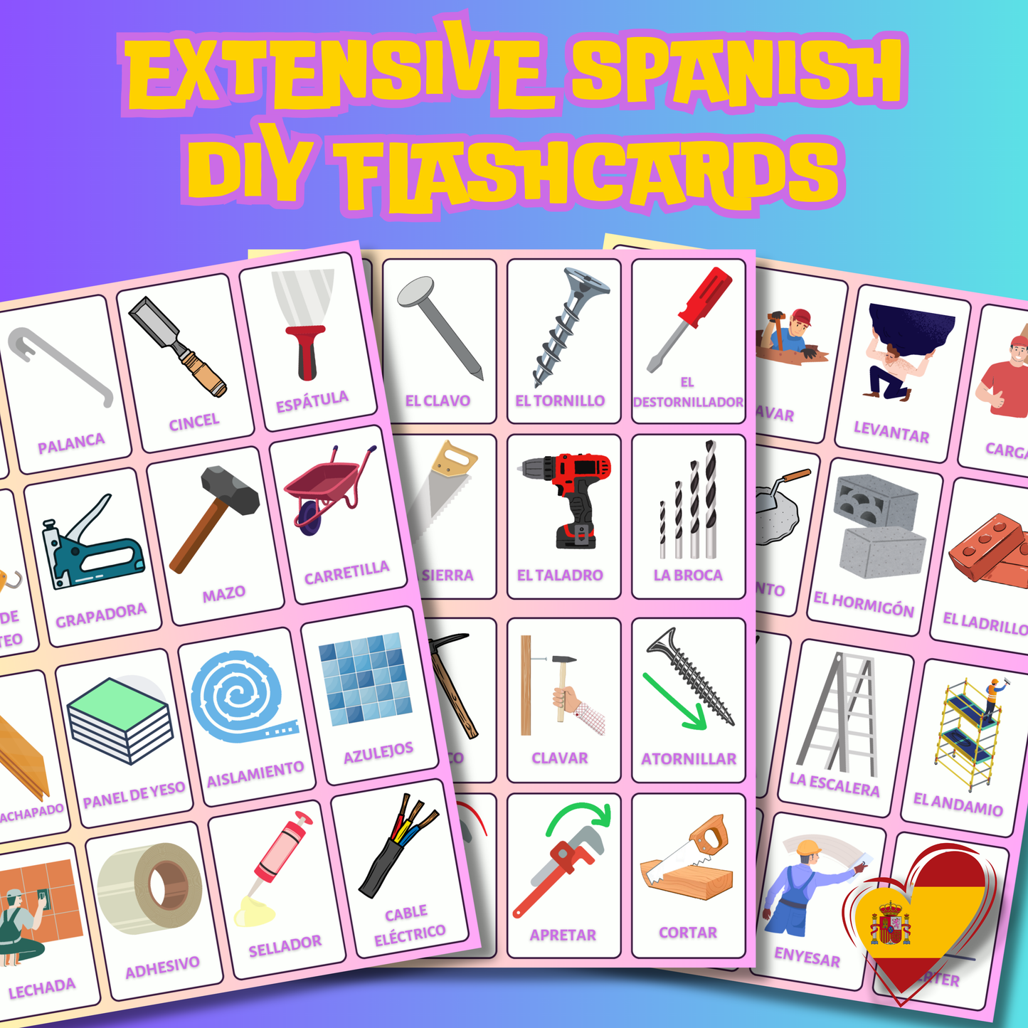 DIY & Decoration Spanish English Flashcard Vocabulary Pack 48 Double Sided High Quality Picture Flashcards