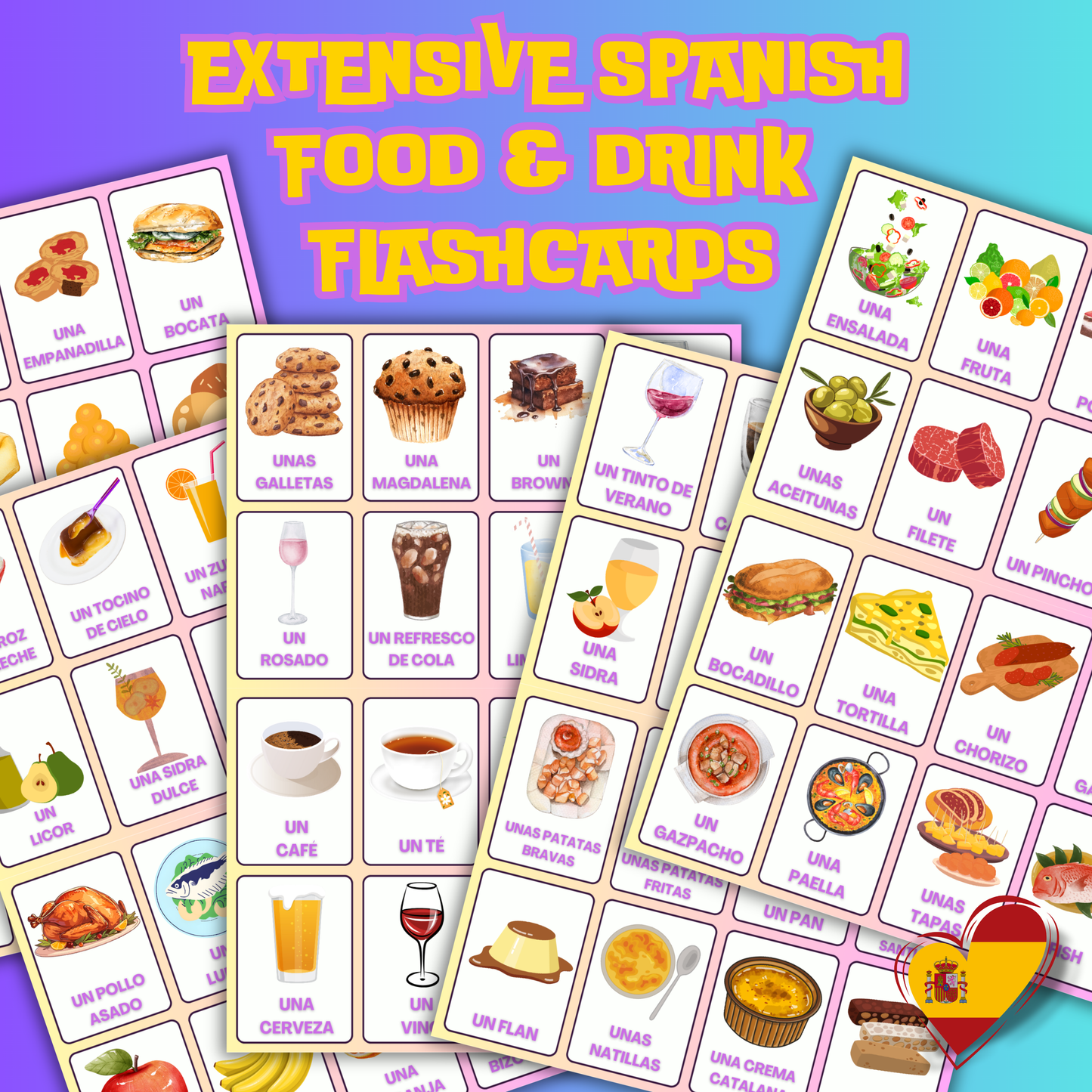 (Digital Download) Food & Drink Spanish Flashcards 80 Pack: Printer Ready Master Culinary Vocabulary Bundle ¡Buen Provecho!