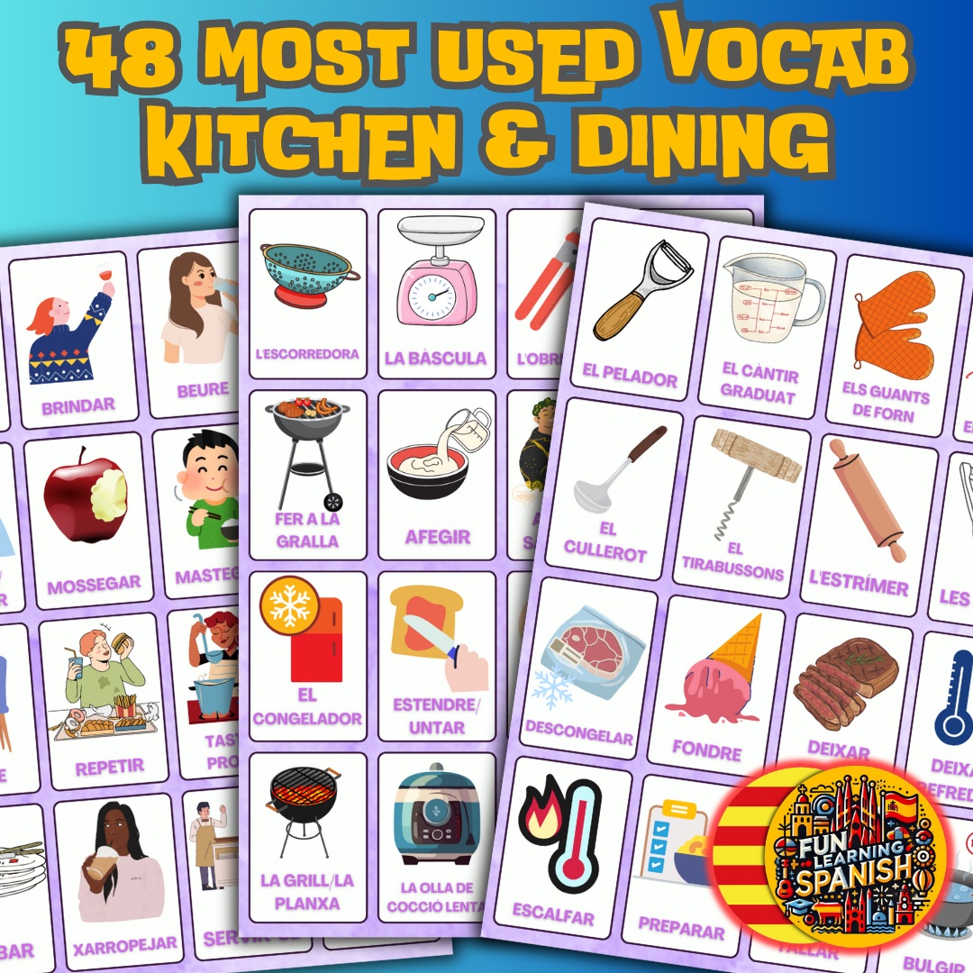 (Descarga digital) Paquete de tarjetas didácticas catalán-inglés para cocina y comedor: paquete de vocabulario de 48 listas para imprimir y visibles en el dispositivo