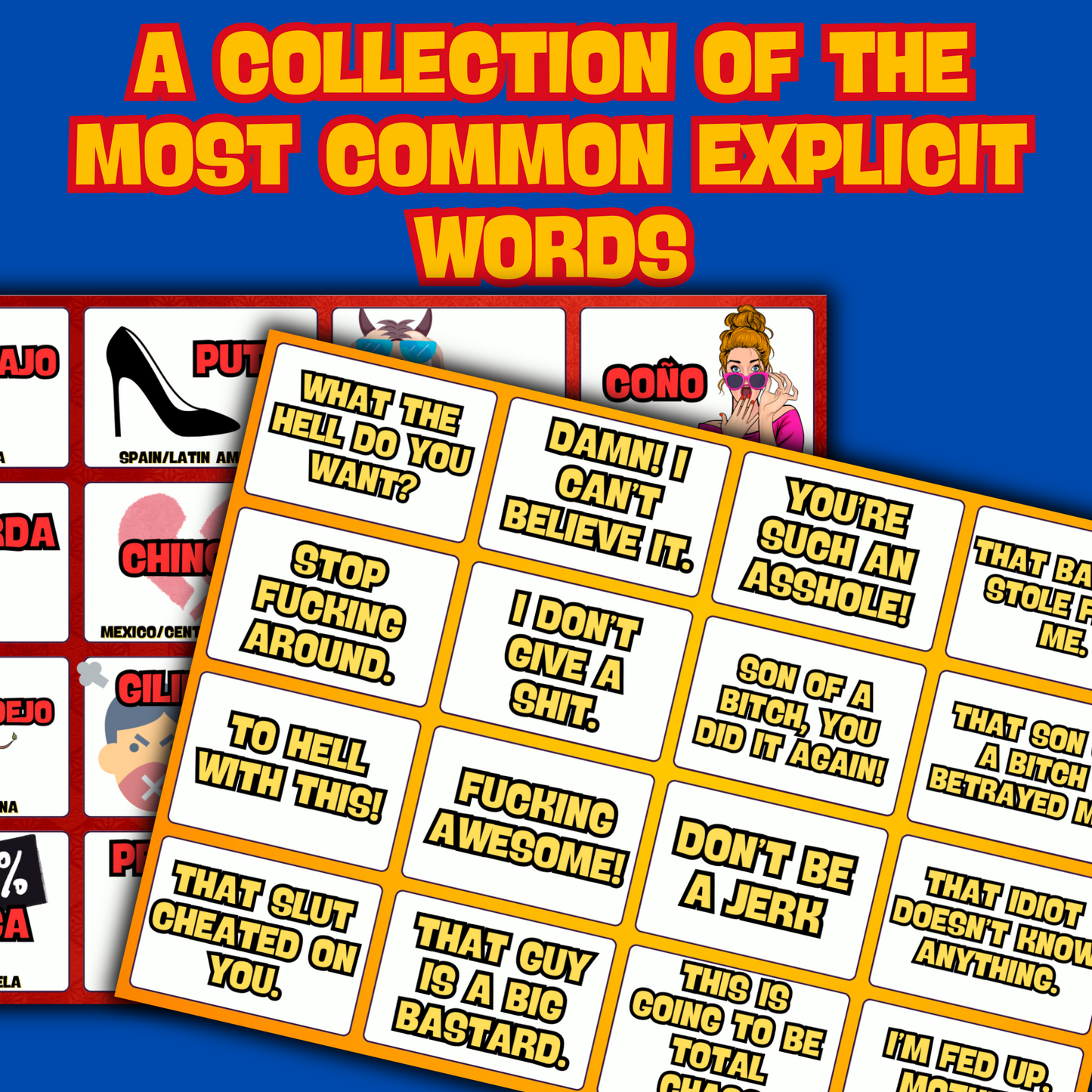 🔥 X-Rated Spanish Flashcards – 48 Double-Sided Explicit Swear / Curse Words & Sentences Cards for Fun, Fluent Learning! 🎉