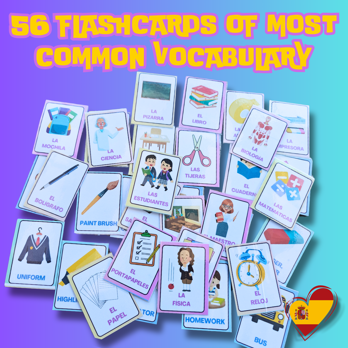 (Digital Download) School & Education Spanish Flashcards: 56 Printable Bilingual English/Spanish Vocabulary Cards for Learning