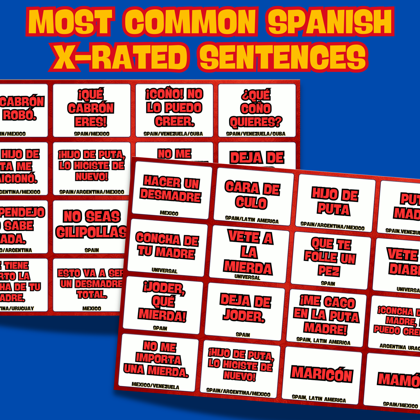 🔥 X-Rated Spanish Flashcards – 48 Double-Sided Explicit Swear / Curse Words & Sentences Cards for Fun, Fluent Learning! 🎉