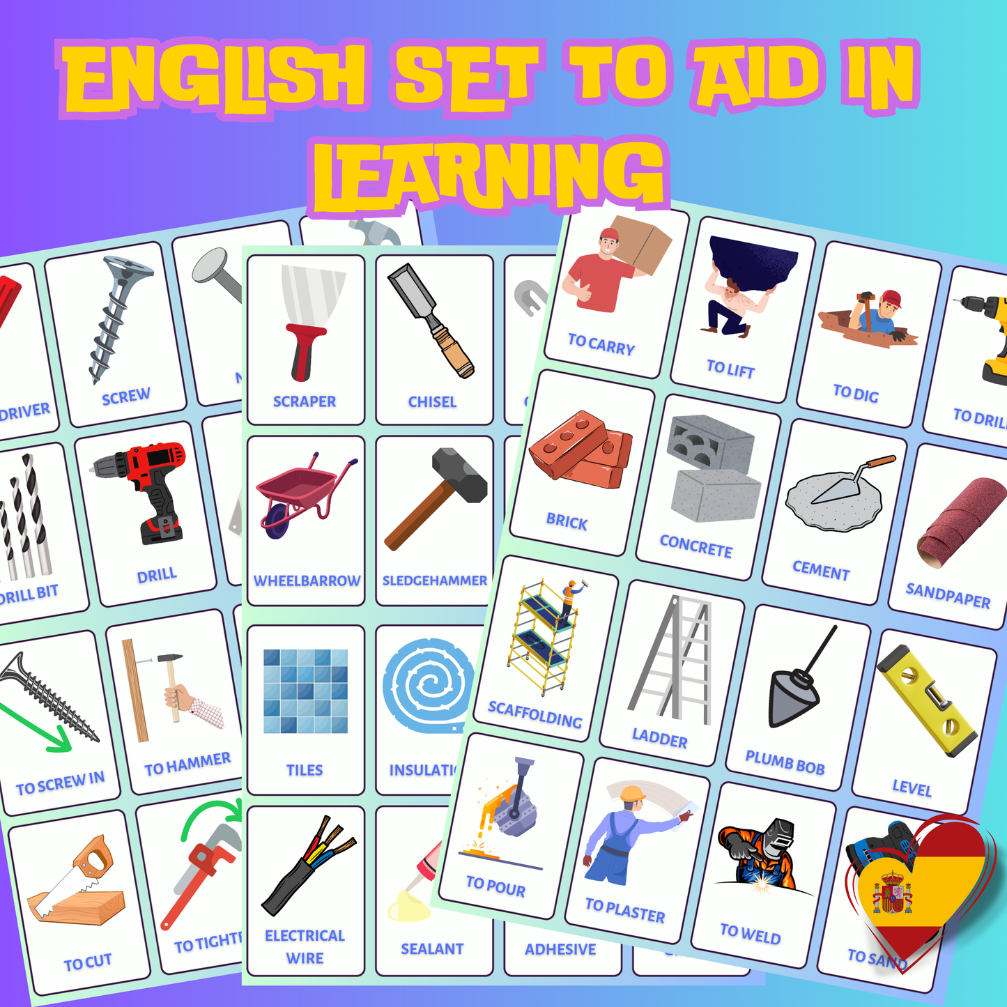 (Digital Download) Printable DIY & Decorating Spanish English Flashcard Vocabulary Pack 48 High Quality Picture Flashcards