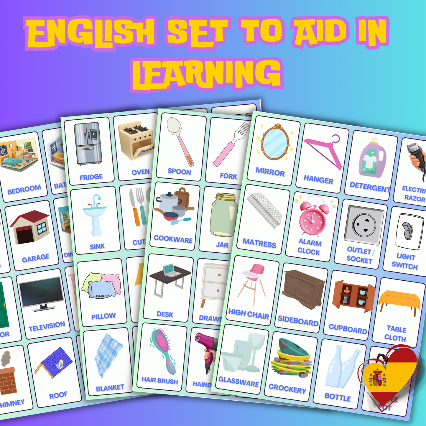 (Digital Download) House & Home Spanish-English Flashcards Pack - 72 Printable & Device Viewable Flashcard Learning Set