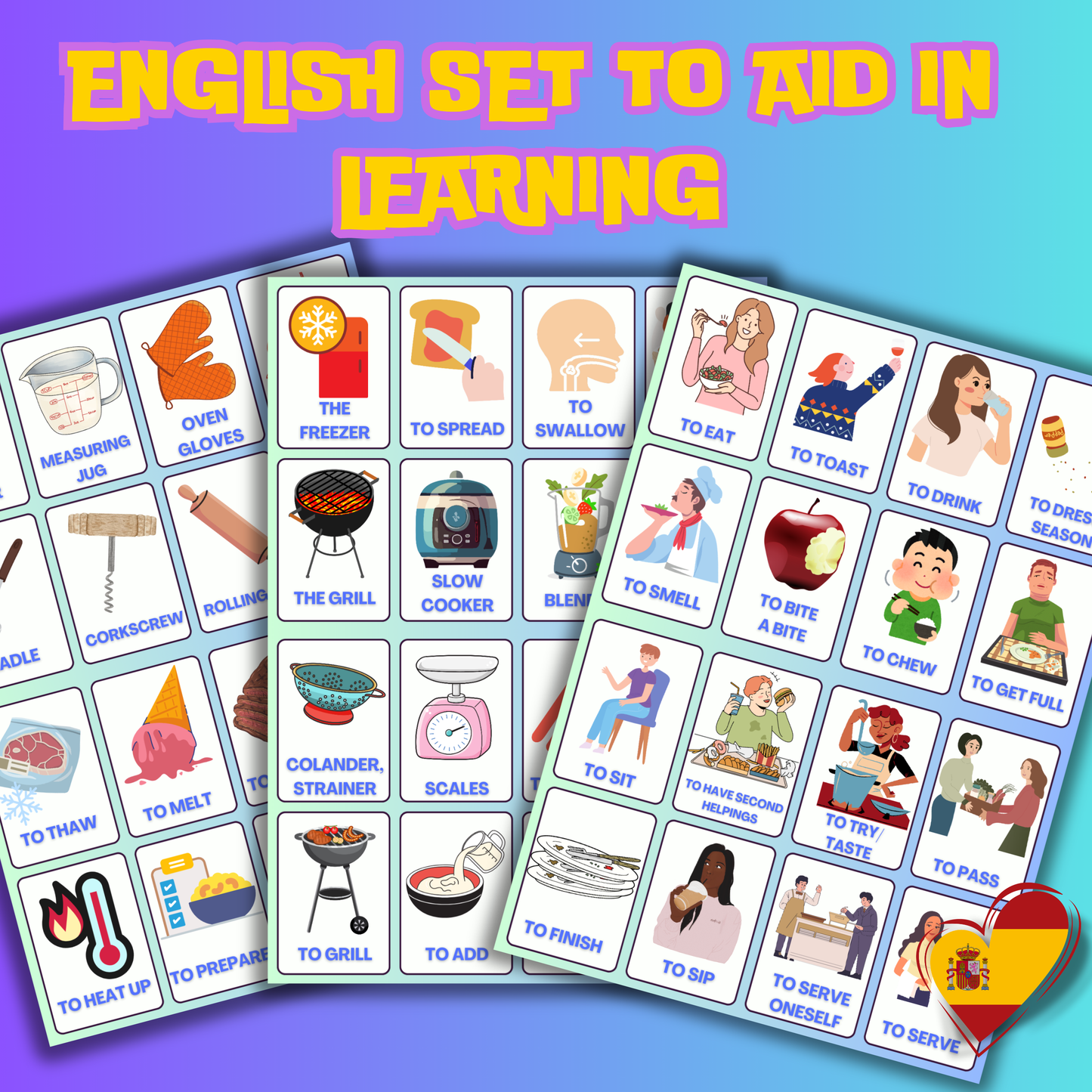 (Digital Download) Kitchen & Dining Spanish-English Flashcards Pack - 48 Printer Ready & Viewable On Device Vocabulary Bundle