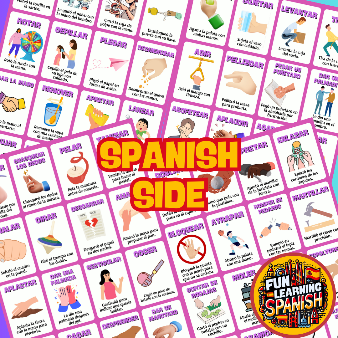 Essential Hand Action Spanish Verbs Flashcards Pack– 64 Laminated & Double Sided English & Spanish Revision Cards