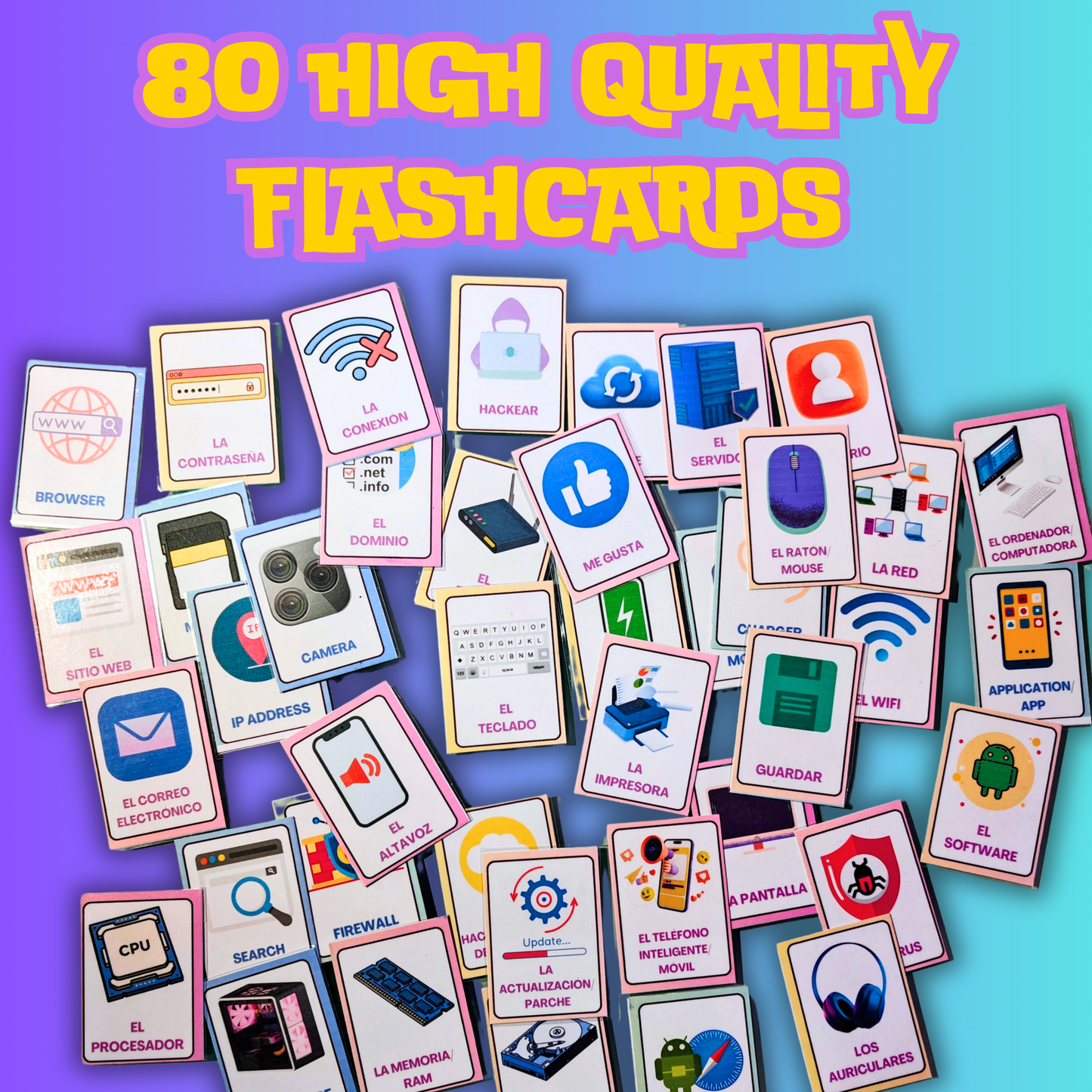 (Digital Download) Technology Flashcards Pack: 80 Double Sided - Printable English/Spanish Vocabulary Cards for Learning