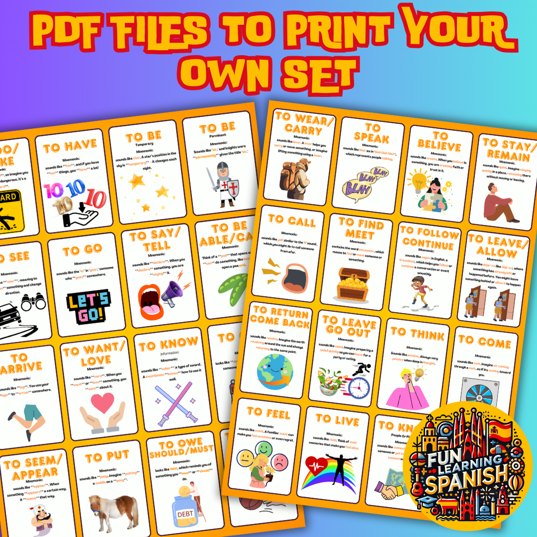 Top 48 Most Used Spanish Verbs, Memory Tricks & Conjugations: Printable Digital Flashcard Set