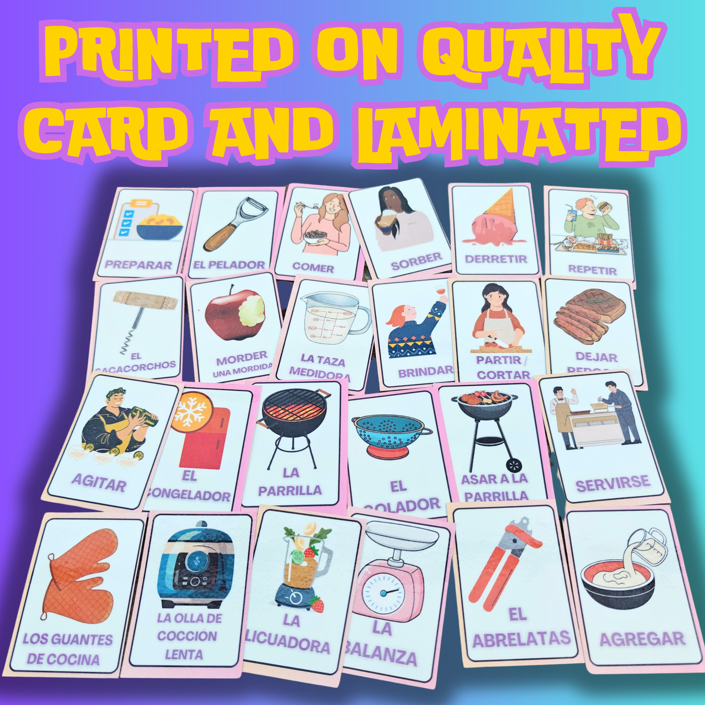 Kitchen & Dining Spanish-English Flashcards Pack - 48 Laminated & Double Sided Vocabulary Bundle