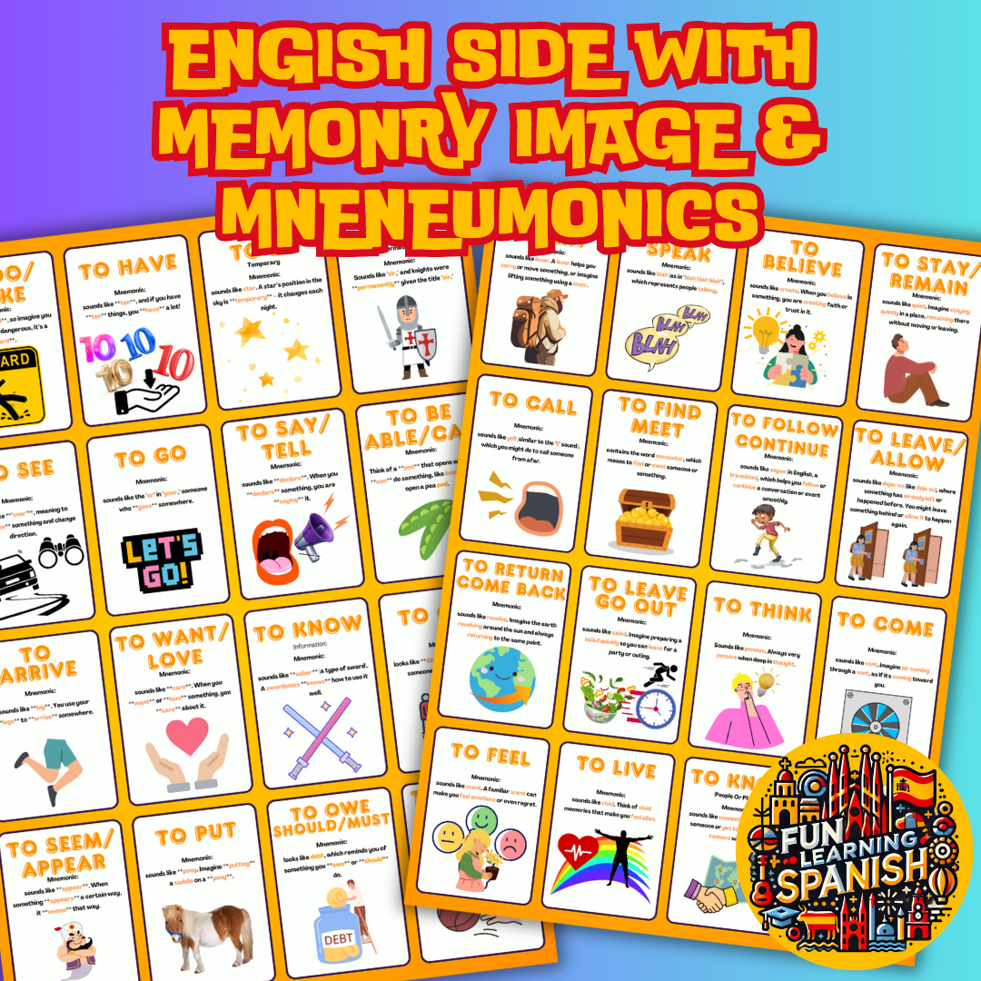 Top 48 Most Used Spanish Verbs, Memory Tricks & Conjugations: Printable Digital Flashcard Set