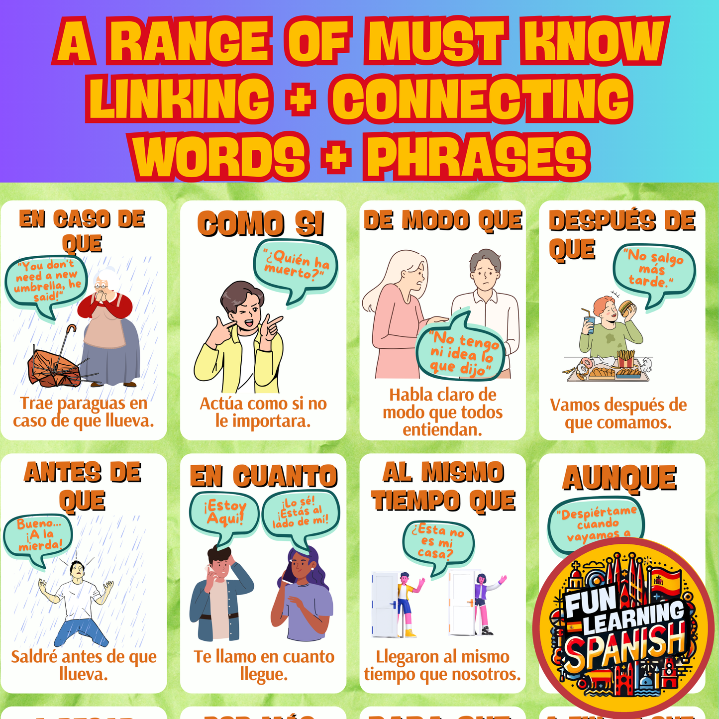 Funny Connection, Conjunctions + Linking Vocabulary Laminated Flashcard Pack – 48 English & Spanish Double Sided Picture Flashcards For Learning + Revision