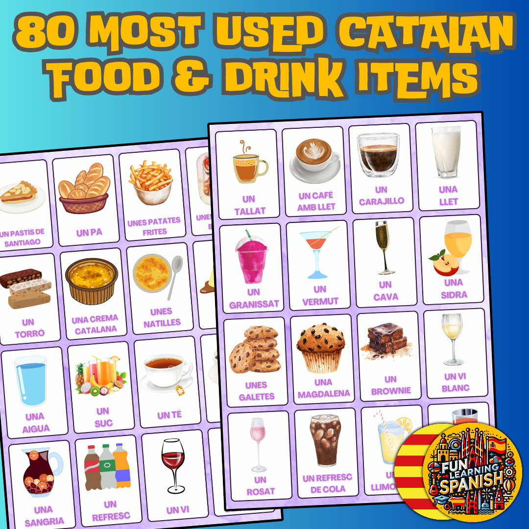 (Digital Download) Food & Drink Catalan Flashcards 80 Pack: Printer Ready Master Culinary Vocabulary Bundle!