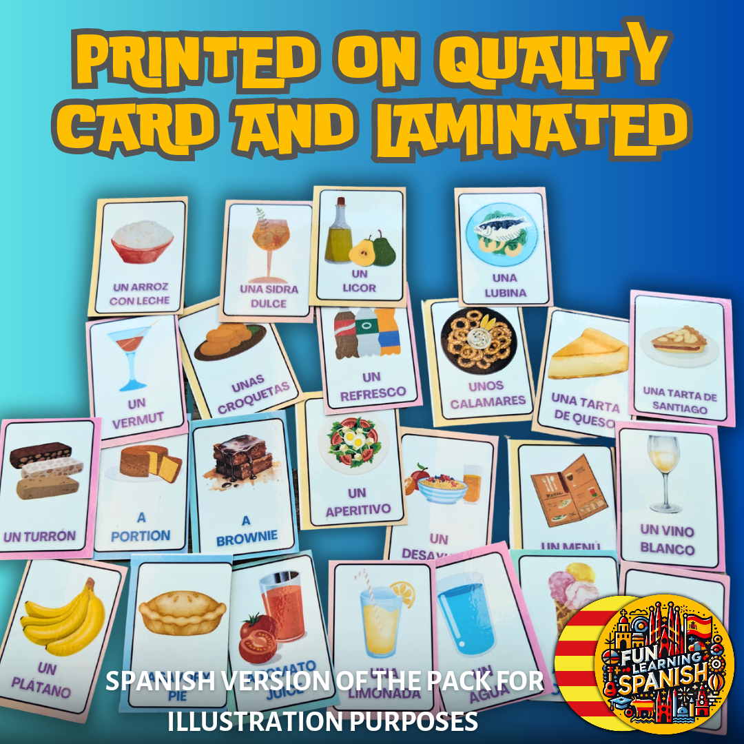 Paquete de tarjetas didácticas catalanas de comida y bebida: paquete de 80 vocabulario culinario maestro laminado de doble cara