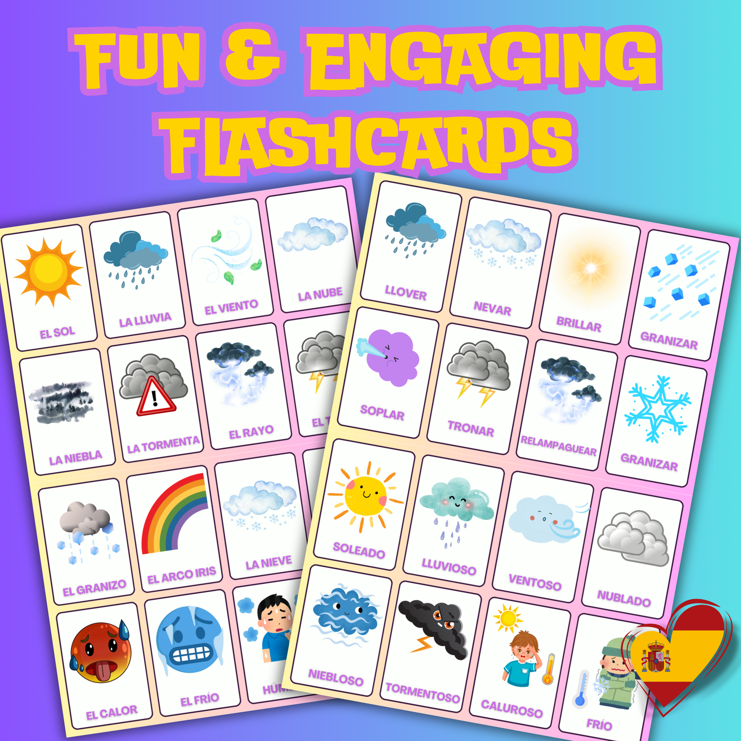 (Digital Download) Weather Spanish-English Flashcards Pack - 32 Printer Ready & Viewable On Any Device Flashcard Learning Set