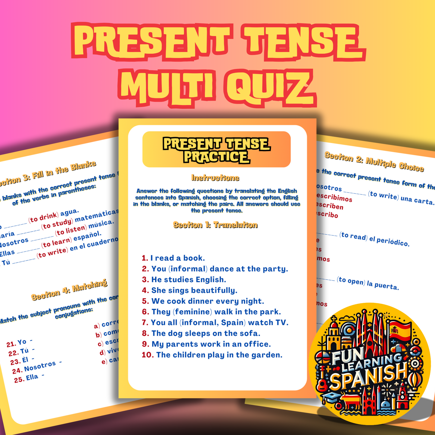 (Digital Download) FREE Present Tense Multi Quiz - Test Yourself & Practice With These Spanish Present Worksheets PDF Download