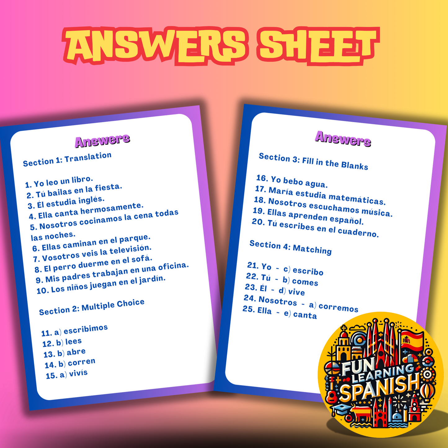 (Digital Download) FREE Present Tense Multi Quiz - Test Yourself & Practice With These Spanish Present Worksheets PDF Download