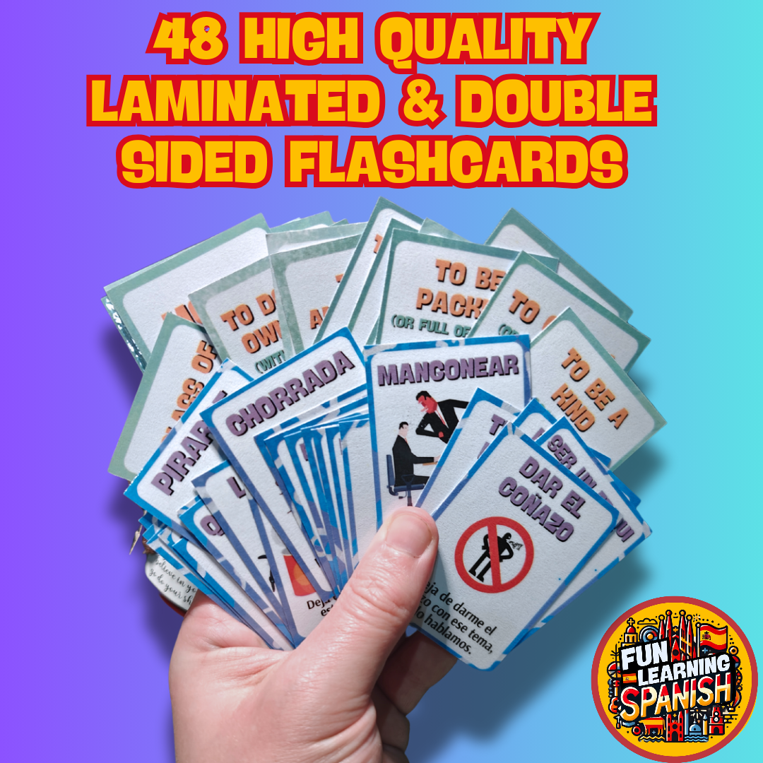 Must Know! Slang & Colloquialisms Flashcards Pack – 48 English & Spanish Laminated & Double Sided Revision Cards