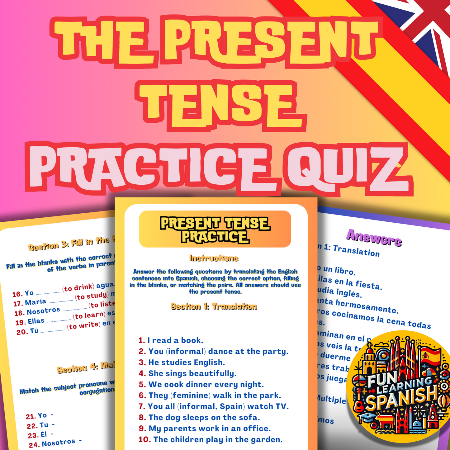 (Digital Download) FREE Present Tense Multi Quiz - Test Yourself & Practice With These Spanish Present Worksheets PDF Download