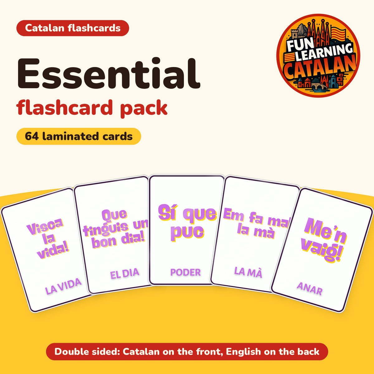 Essential Catalan flashcard pack, 64 laminated double-sided cards, cover