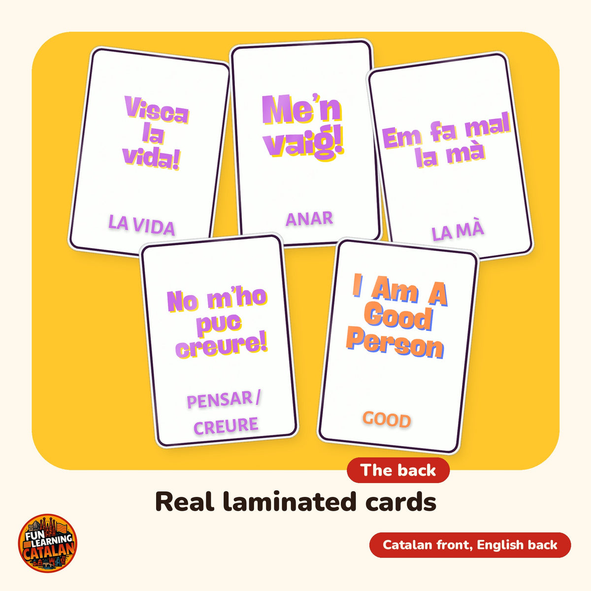 Essential Catalan flashcard pack, 64 laminated double-sided cards, close-up of real cards