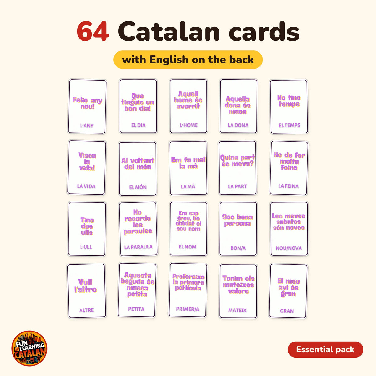 Essential Catalan flashcard pack, 64 laminated double-sided cards, grid showing all cards