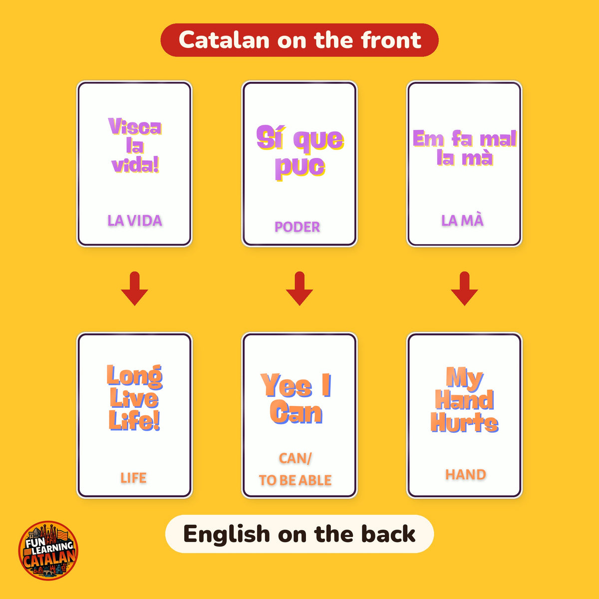 Essential Catalan flashcard pack, 64 laminated double-sided cards, Catalan front and English back of the cards