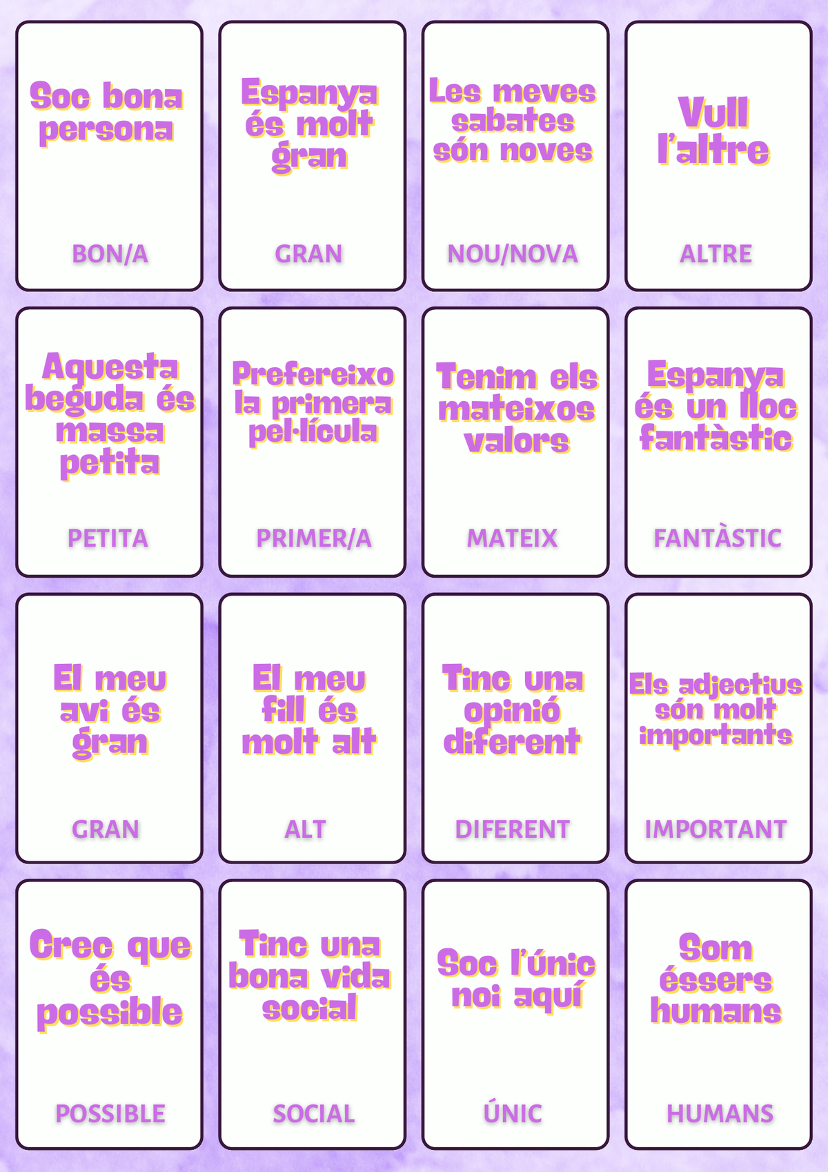 Essential Catalan flashcards, Catalan side card sheet 1